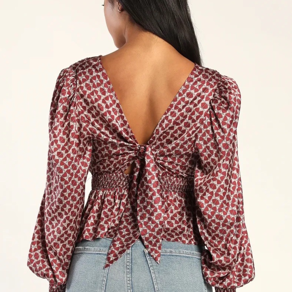Lulu’s My Best Hour Burgundy Geo Print Peplum Blouse - Picture 2 of 4